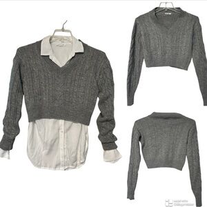 Immodel Gray Cable Knit cropped V-Neck Sweater
